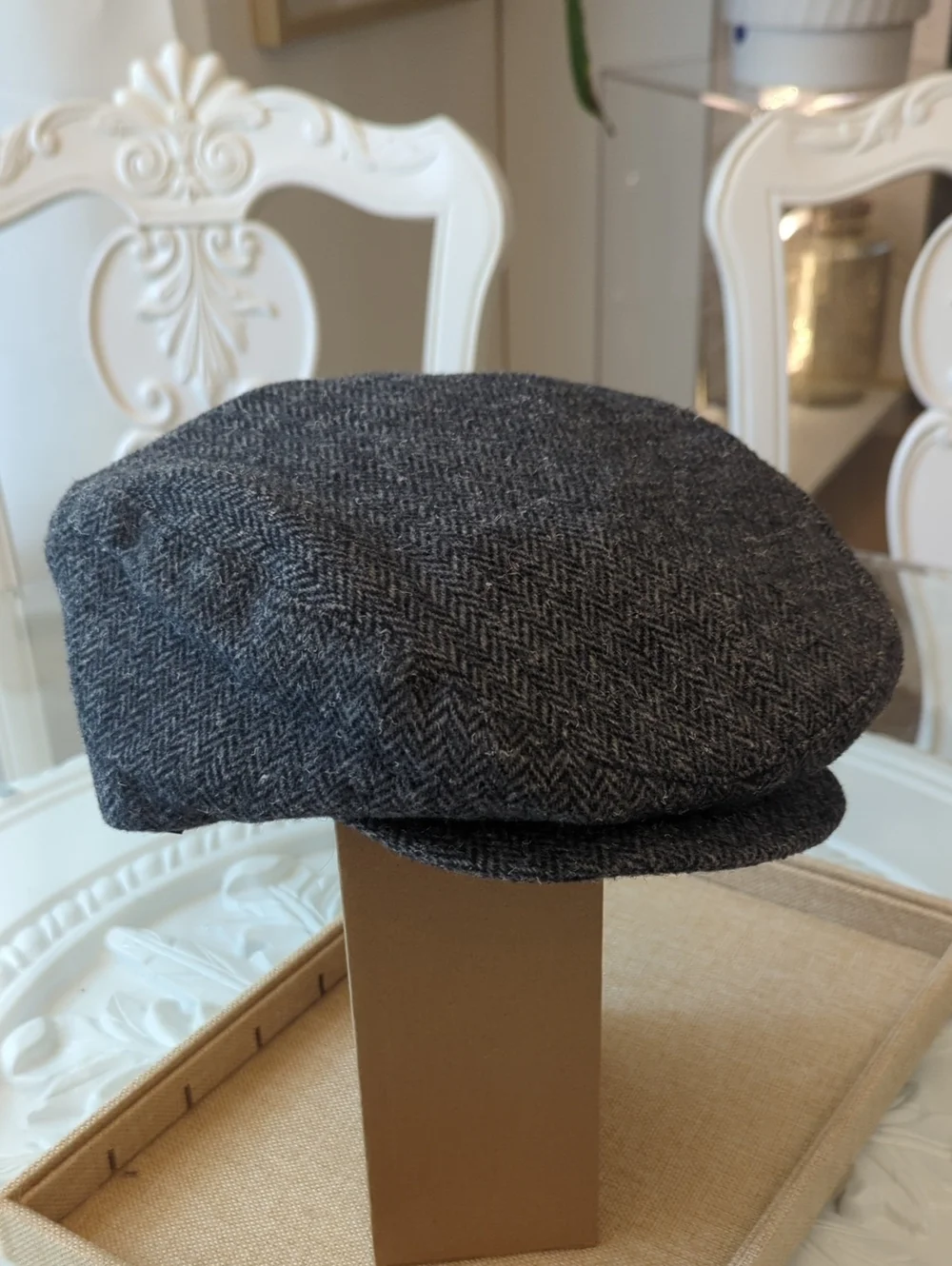 Vintage Sima Int. 100% Pure Wool Herringbone Skipper Cap Hat Black Grey  XL